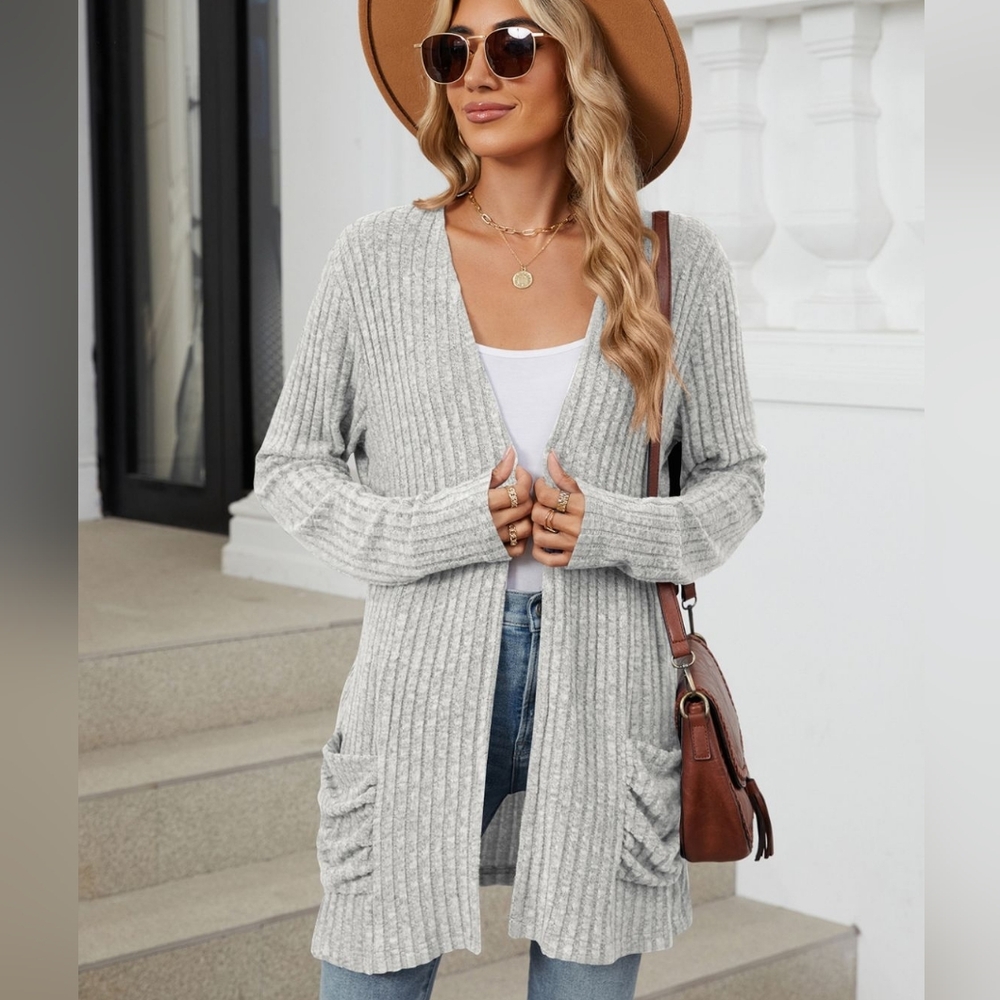 Gray Ribbed Open Front Cardigan - Picture 5 of 10